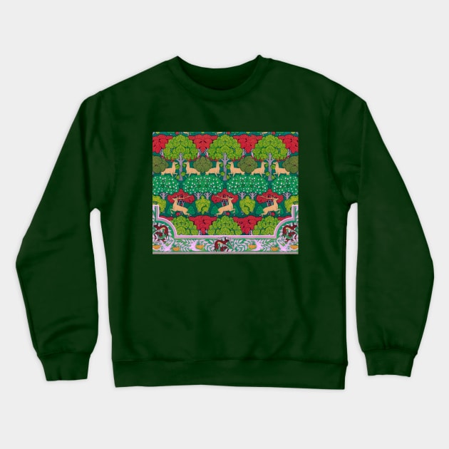 Deer and Trees,Squirrel,Doves and Rowan Red Green Art Nouveau Floral Crewneck Sweatshirt by BulganLumini